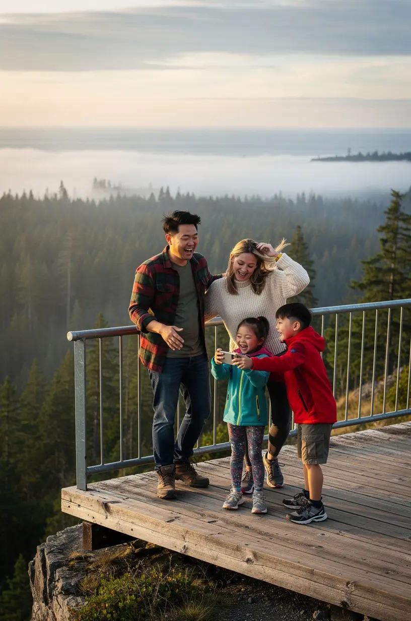 Группа туристов на открытой смотровой площадке с указателями направлений и информацией о фотосессиях.