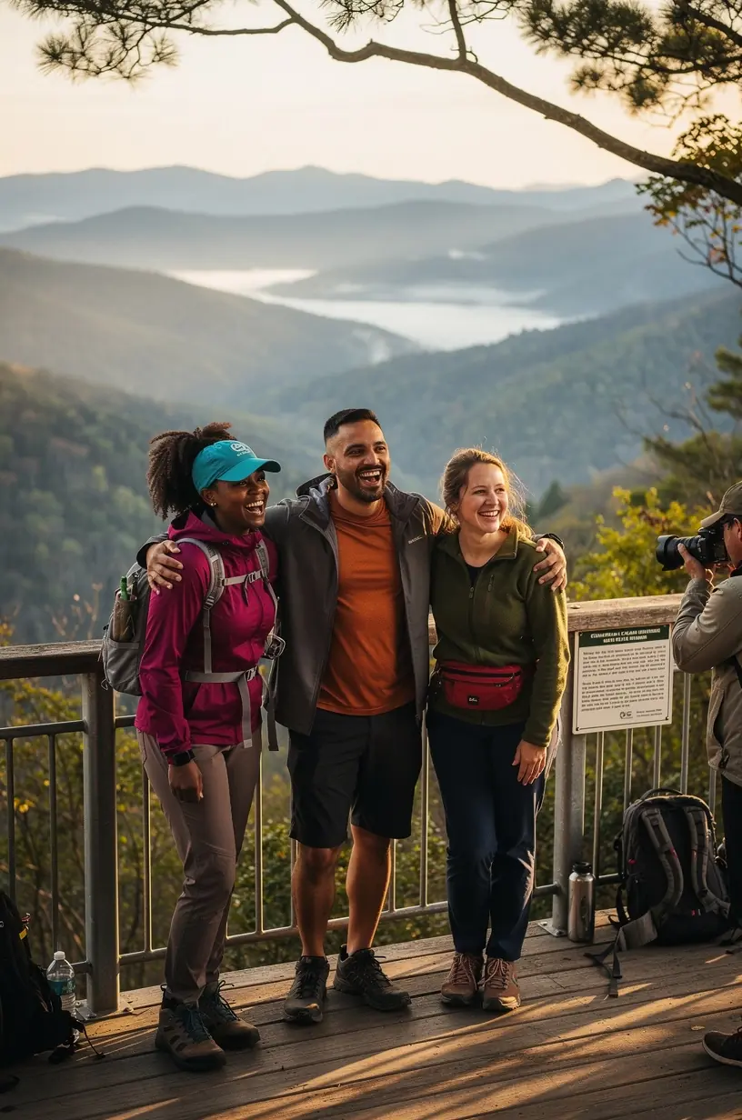 Панорамный вид с поднятой платформы на горные вершины и долины с ясным голубым небом.